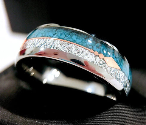 Men's 8mm Tungsten Cupid's Arrow Turquoise Meteorite Inspired Comfort-Fit Band